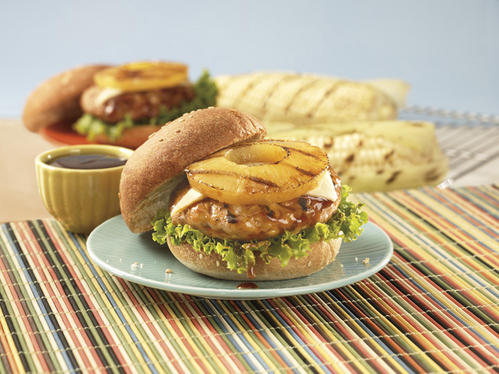 Image of a Huli Huli turkey burger on a small plate.
