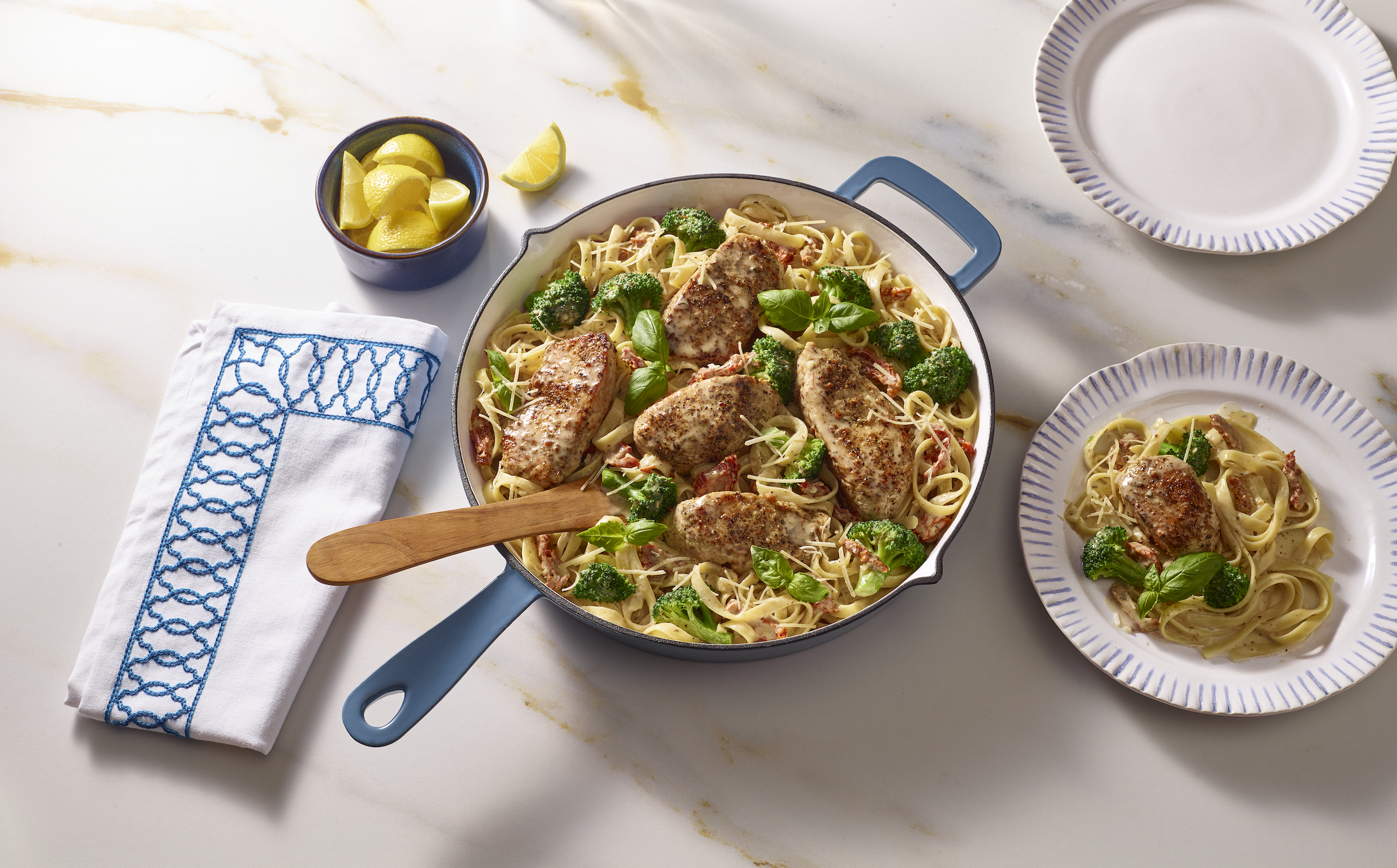 Tuscan Marry Me skillet with Butterball turkey tenderloin, pasta, and broccoli. 