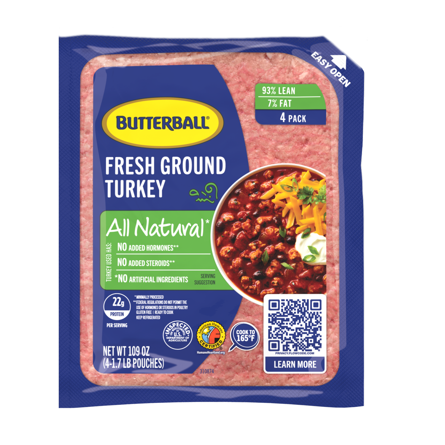 Package of Fresh All Natural Ground Turkey 93/7, labeled with 93% lean and 7% fat content.