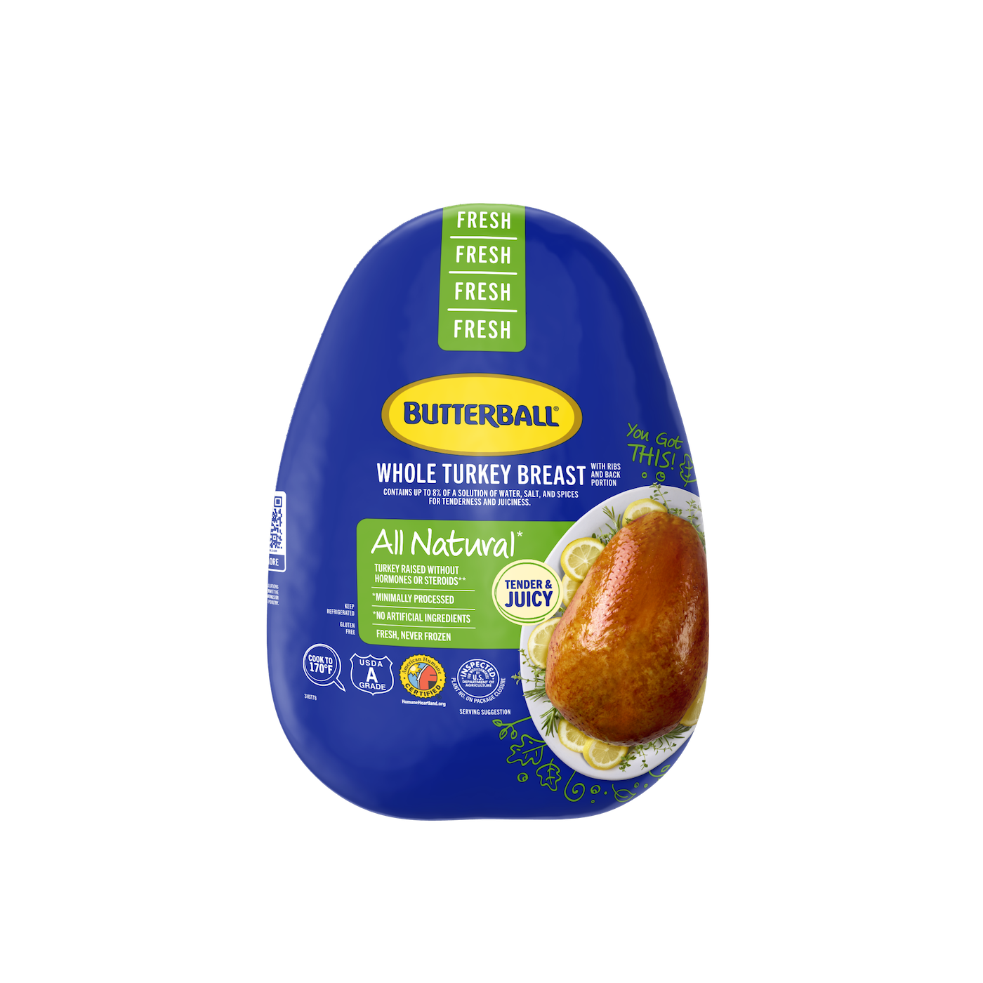 BB Fresh Bone-In Turkey Breast packaged in an 11 x 18 inch bag, ideal for roasting or baking.