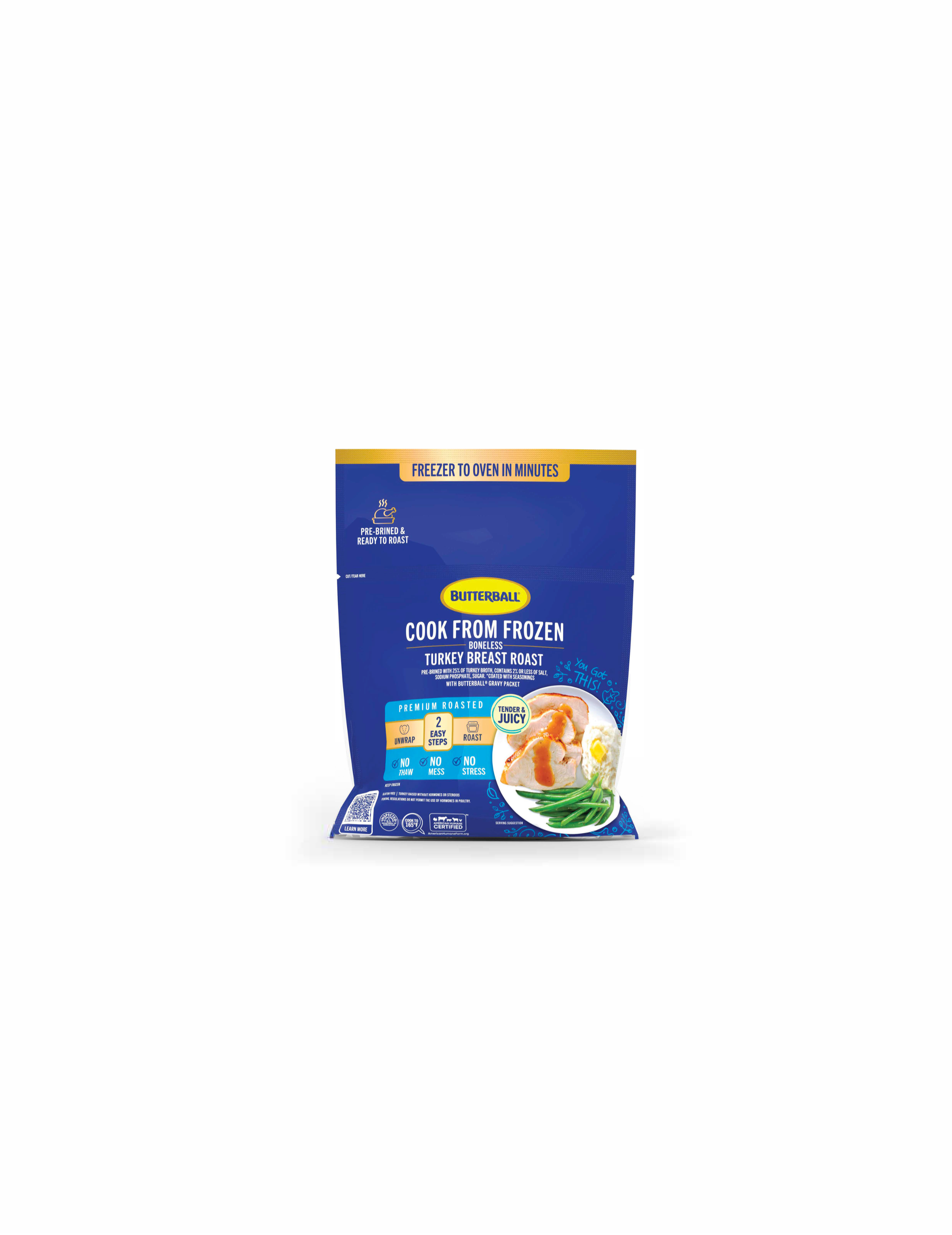 Cook from Frozen Butterball turkey breast roast in a blue bag with the description "Freezer to oven in minutes"