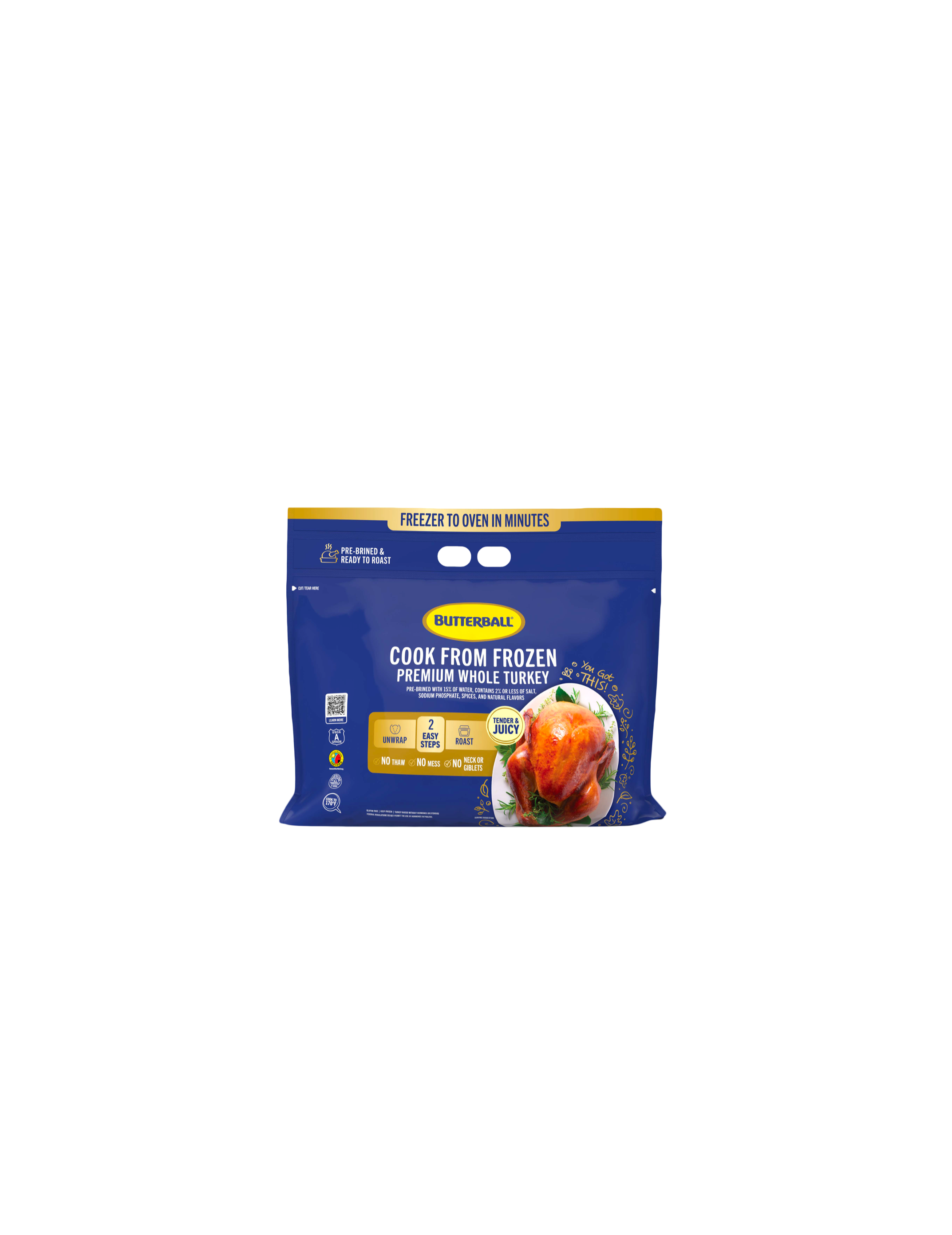 Cook from Frozen Premium Whole turkey from Butterball in a blue package with the caption "Freezer to oven in minutes"
