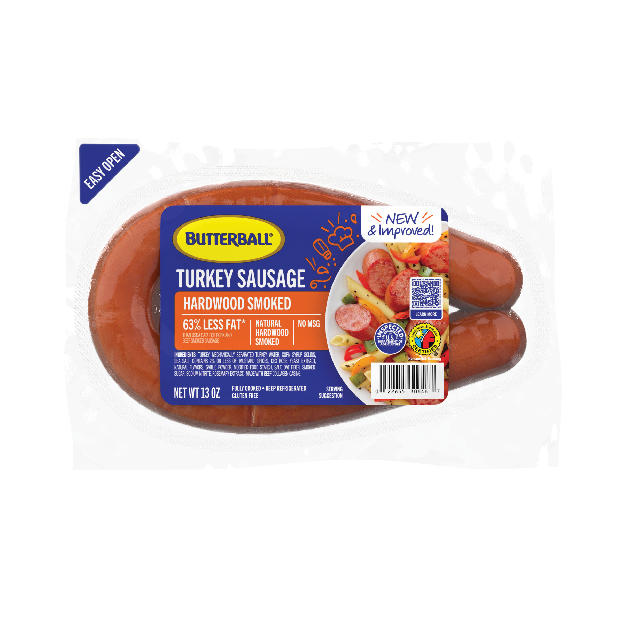 Butterball Hardwood Smoked Turkey Sausage, less fat, no MSG, gluten-free, 13 oz easy-open package.