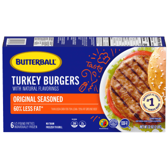 Butterball Turkey Burgers packaging box, Original Seasoned flavor, ready for grilling.