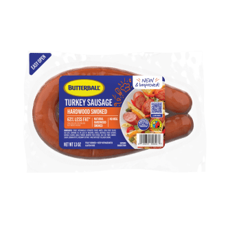 Butterball Hardwood Smoked Turkey Sausage, less fat, no MSG, gluten-free, 13 oz easy-open package.