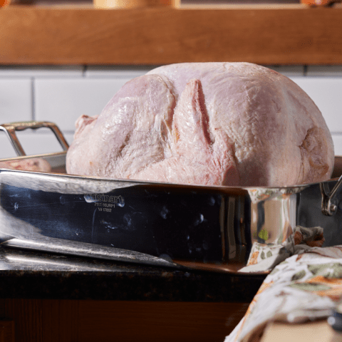 A Butterball Cook from Frozen turkey prepped for roasting.