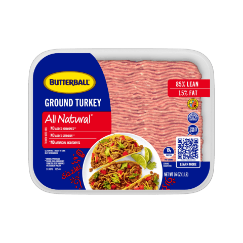  Butterball Ground Turkey packaging on a tray, all-natural and perfect for tacos, burgers, and more.