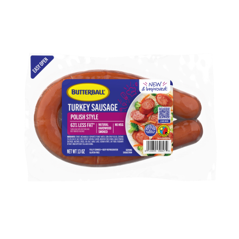 Butterball Polish Style Smoked Turkey Sausage, 63% less fat, hardwood smoked, 13 oz package.