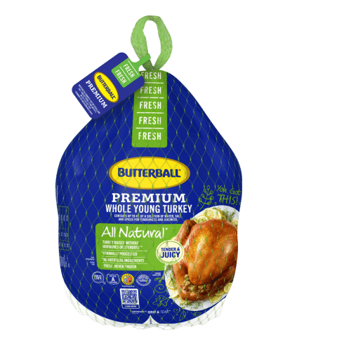 Butterball All Natural Fresh Whole Turkey in its signature blue and green packaging.