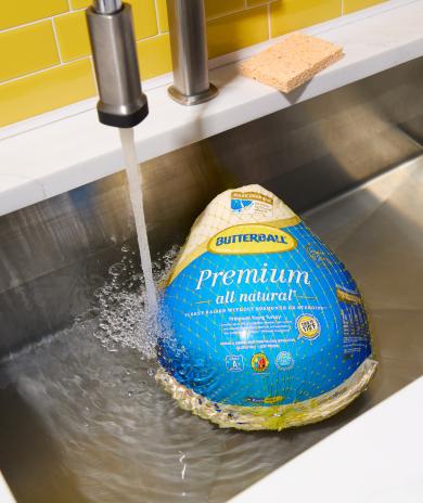 image of a turkey thawing in a stainless steel sink.