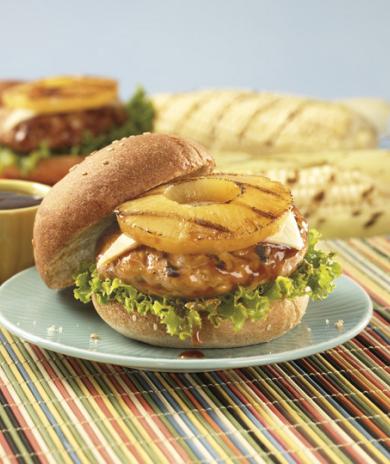 Image of a Huli Huli turkey burger on a small plate.