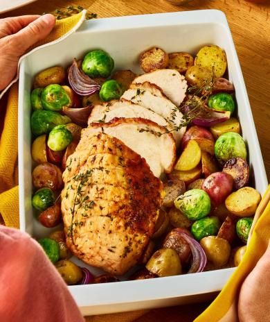 A Butterball roast turkey breast with thyme lemon sauce, brussels sprouts, and red onion. 