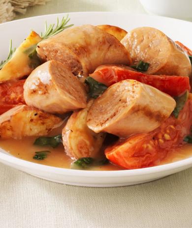 Image of Roasted Italian Style Sausage Potatoes and Tomatoes with Rosemary Basil Gravy