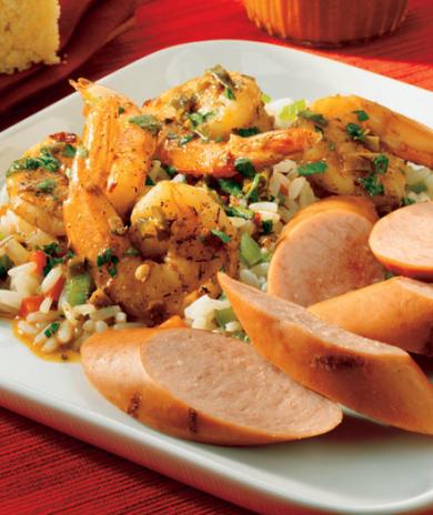Image of Smoked Sausage with Louisiana BBQ Shrimp and Creole Rice
