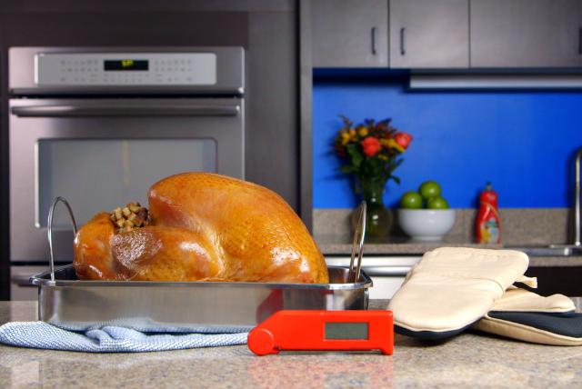 Turkey in a roasting dish next to a thermometer on a counter.