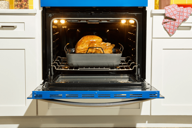 Turkey in a roasting pan sitting on an oven rack.