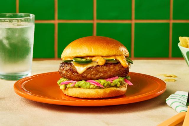 A Butterball Tex-Mex ground turkey burger with jalepenos, melted cheese, and guacamole.