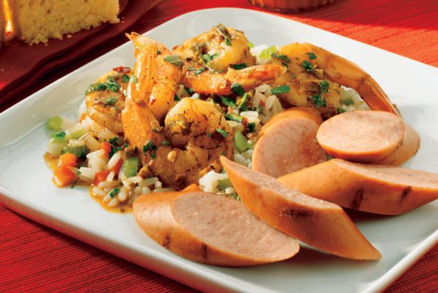 Image of Smoked Sausage with Louisiana BBQ Shrimp and Creole Rice